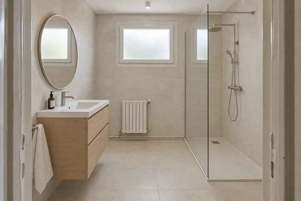 Simulation après rénovation, sous le même angle : douche vitrée, carrelage pierre claire et meuble en bois.